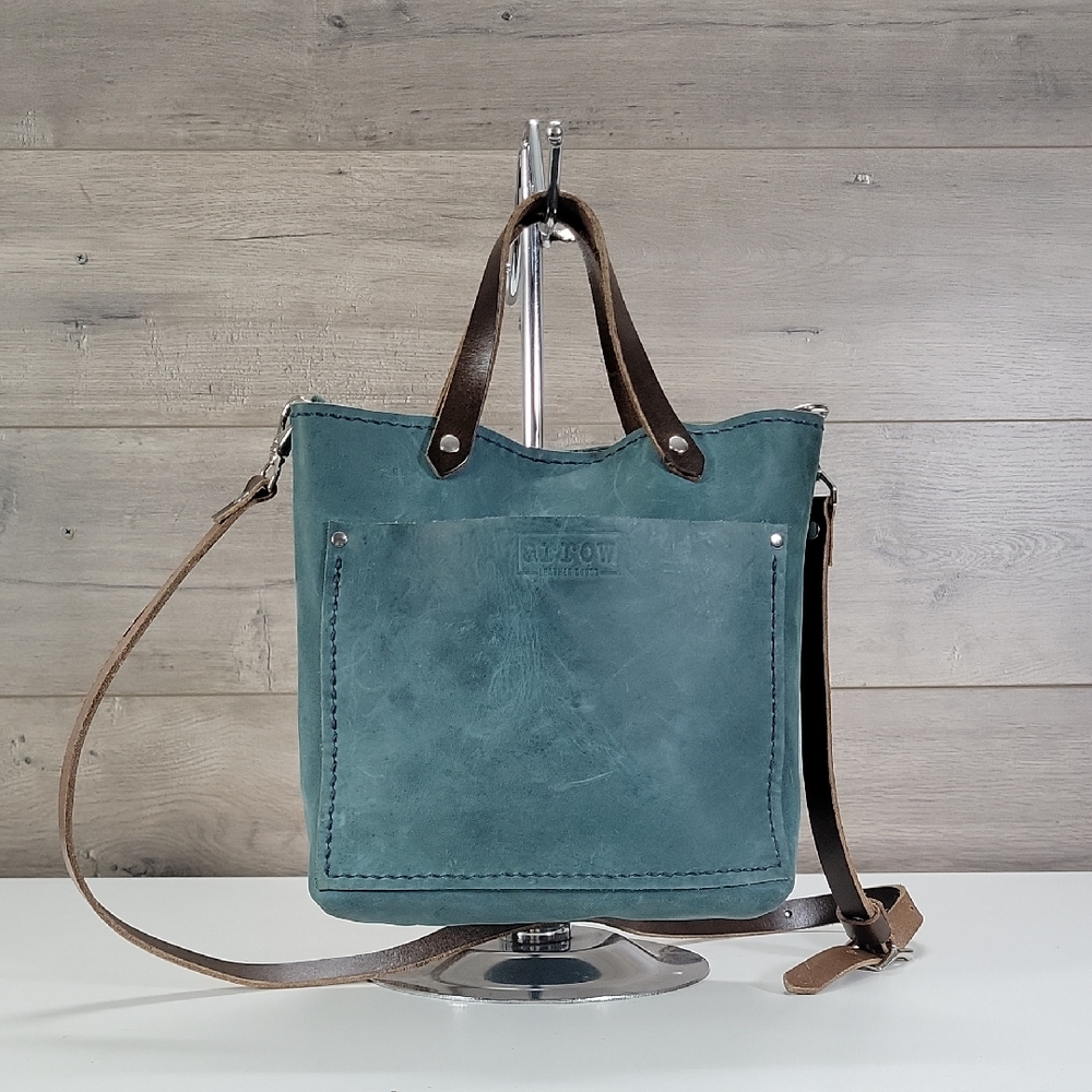 Arrow Leather Goods Teal/Brown Leather Tote Crossbody Shoulder Bag